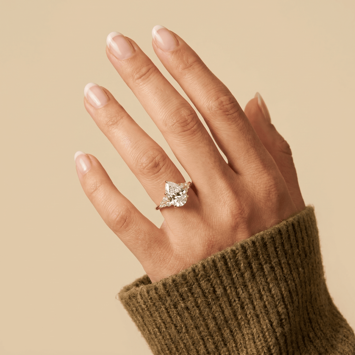 Pear Lab Diamond Engagement Ring with Floral Diamond Cluster Accents - Rings