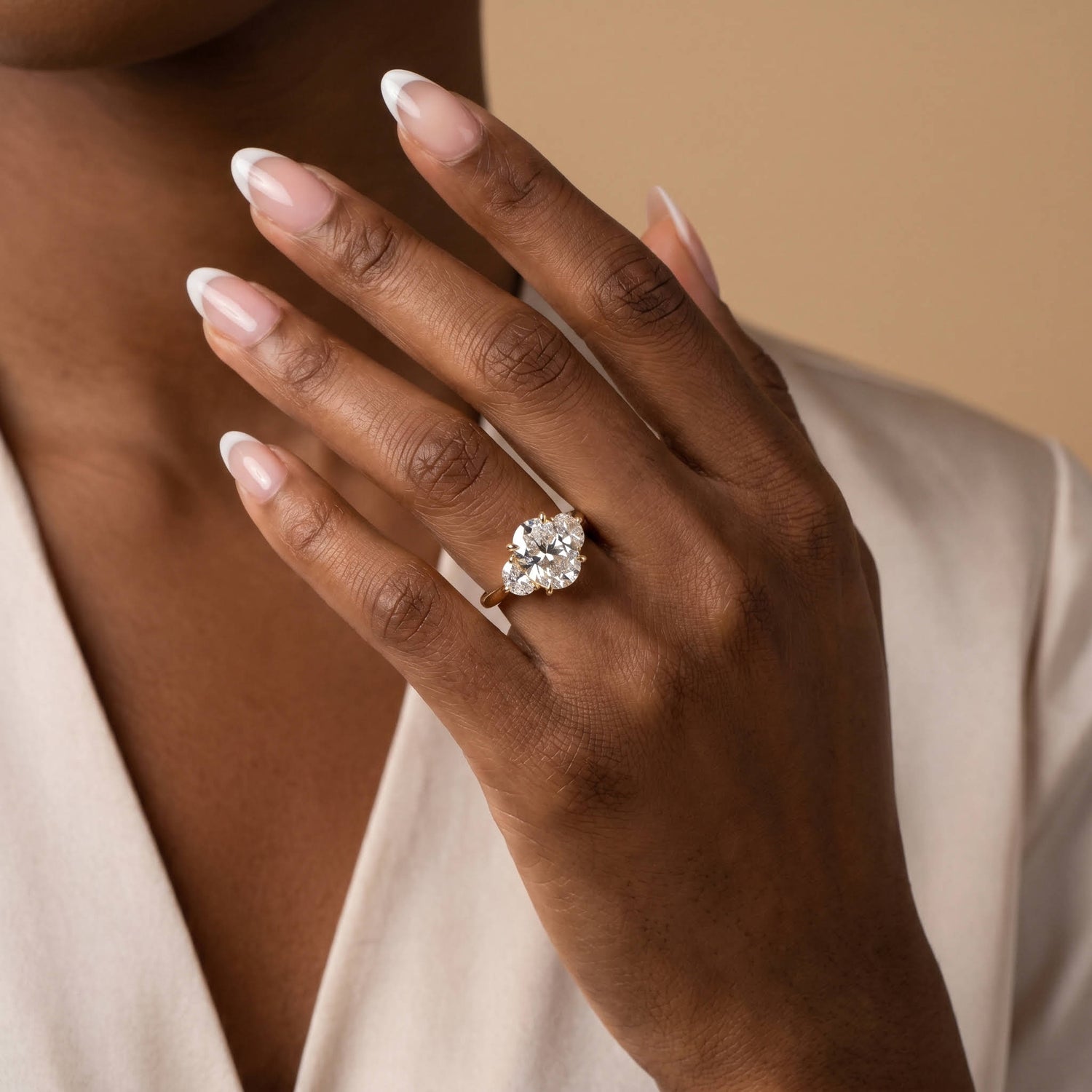 Ophelia丨Oval Lab Diamond Trilogy Engagement Ring with Half-Moon Side Stones - Rings
