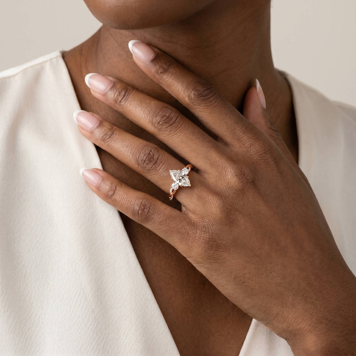 Aurora丨Marquise Lab-Grown Diamond Twisted Engagement Ring with Side Accents - Rings