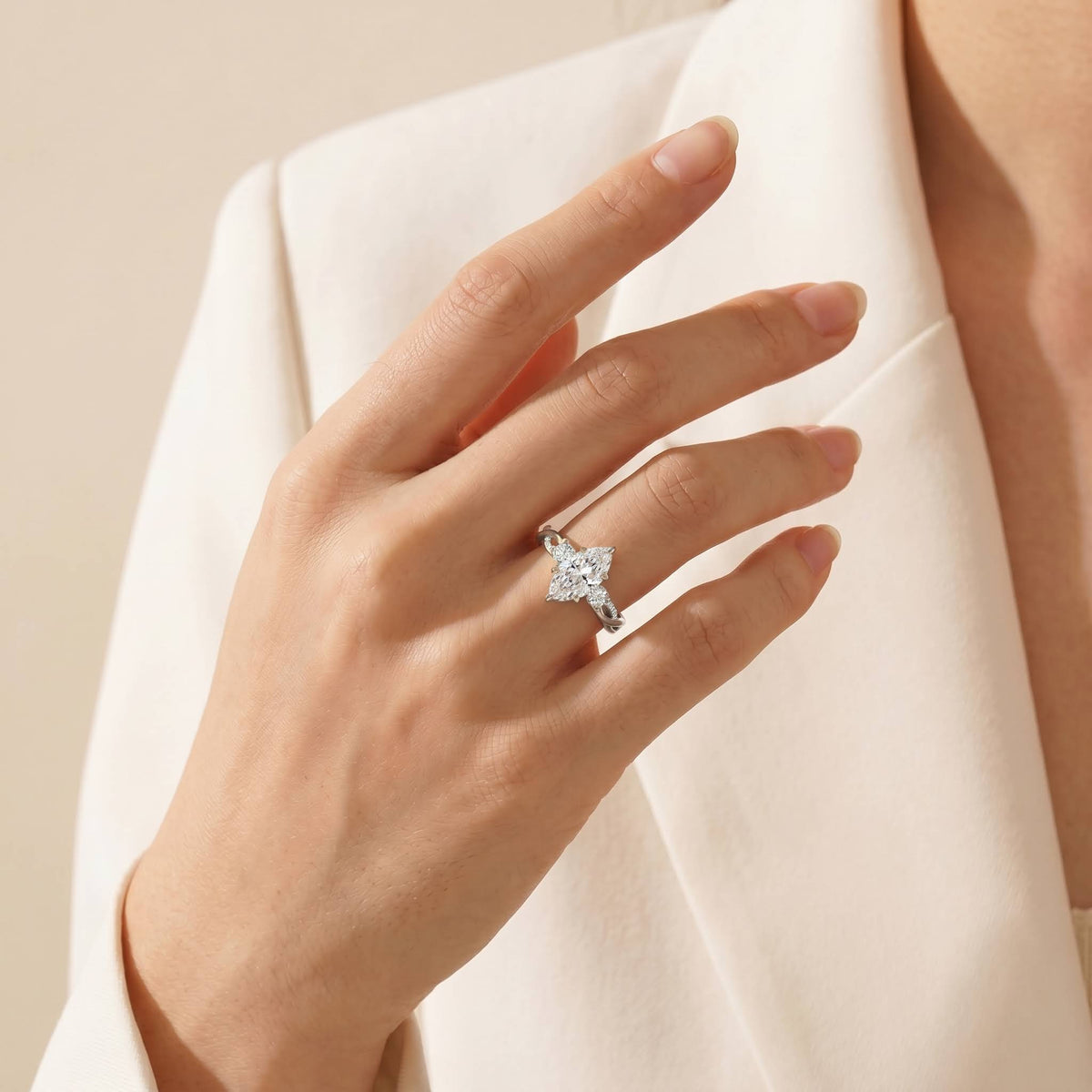 Aurora丨Marquise Lab-Grown Diamond Twisted Engagement Ring with Side Accents - Rings