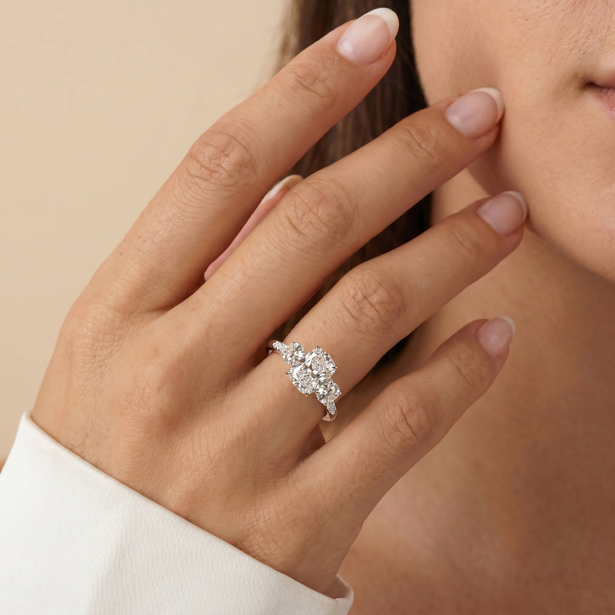 Sienna丨Elongated Cushion Lab Diamond Cathedral Three-Stone Engagement Ring - Rings