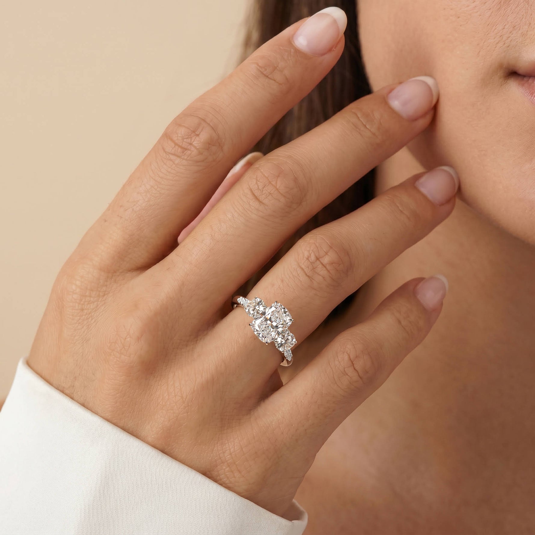 Sienna丨Elongated Cushion Lab Diamond Cathedral Three-Stone Engagement Ring - Rings