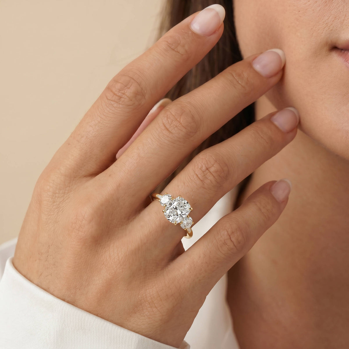 Sienna丨Elongated Cushion Lab Diamond Cathedral Three-Stone Engagement Ring - Rings