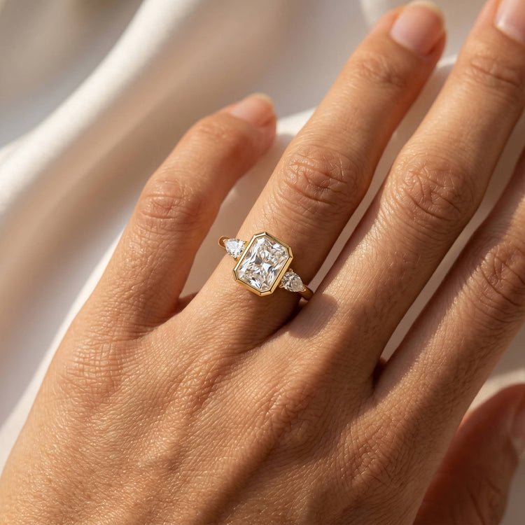 Zoey丨Radiant Bezel Set Lab Diamond Three-Stone Engagement Ring with Pear Side Stones - Rings