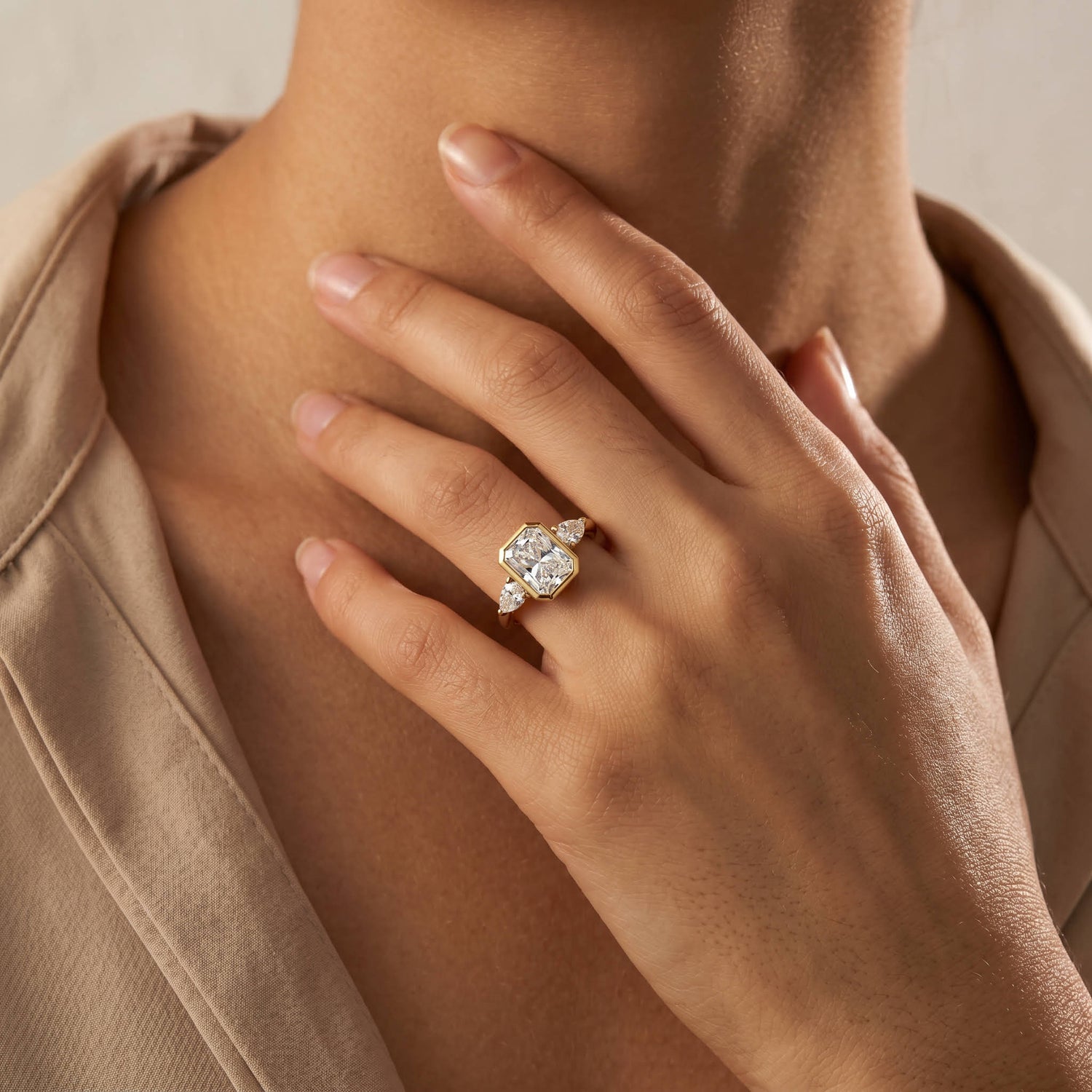 Zoey丨Radiant Bezel Set Lab Diamond Three-Stone Engagement Ring with Pear Side Stones