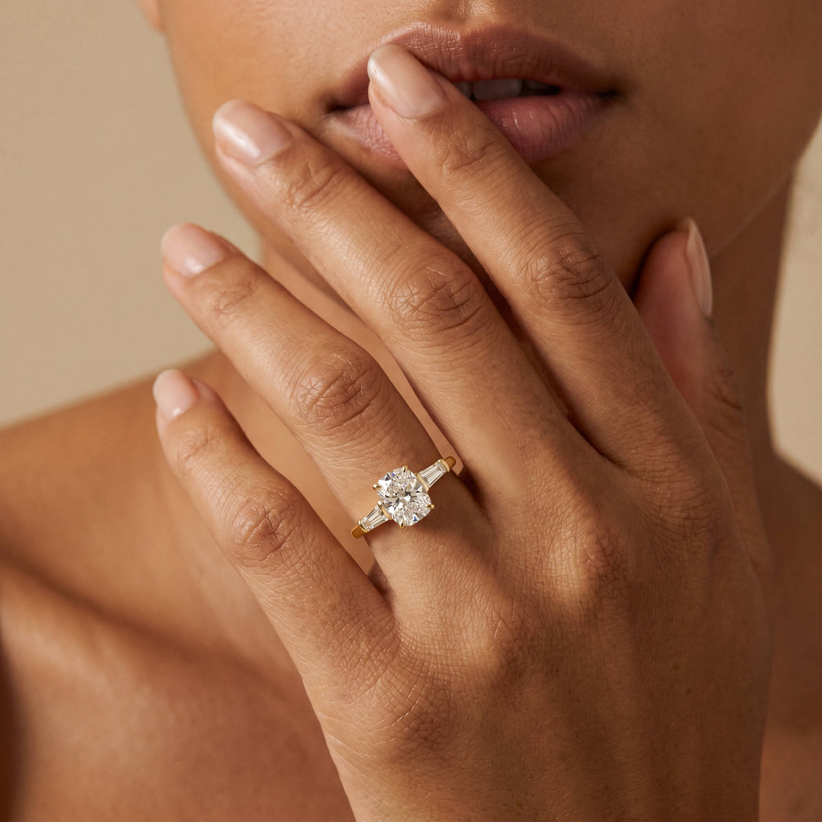 Estelle丨Elongated Cushion Lab Diamond Three-Stone Engagement Ring with Tapered Baguette Accents - Rings