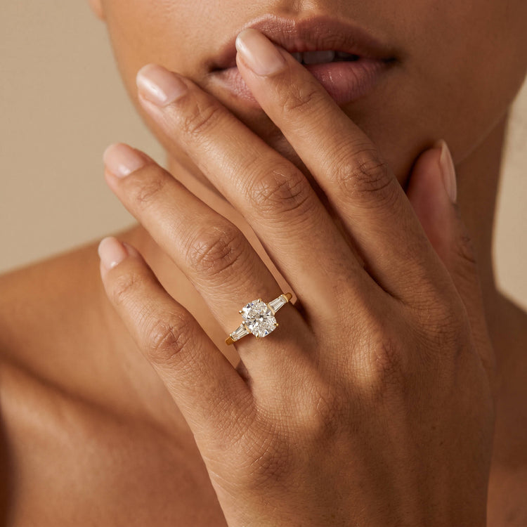 Estelle丨Elongated Cushion Lab Diamond Three-Stone Engagement Ring with Tapered Baguette Accents - Rings