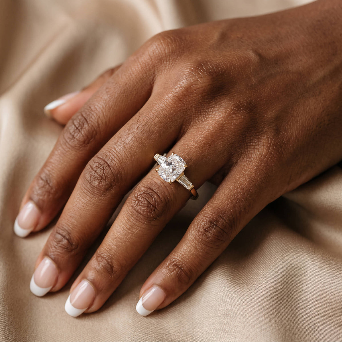 Estelle丨Elongated Cushion Lab Diamond Three-Stone Engagement Ring with Tapered Baguette Accents - Rings