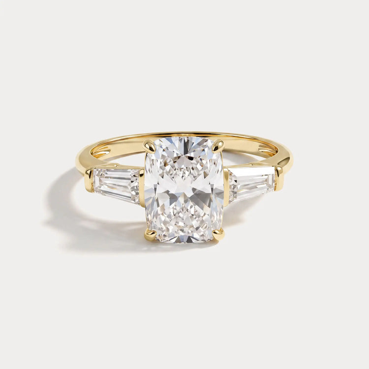 Estelle丨Elongated Cushion Lab Diamond Three-Stone Engagement Ring with Tapered Baguette Accents - Rings