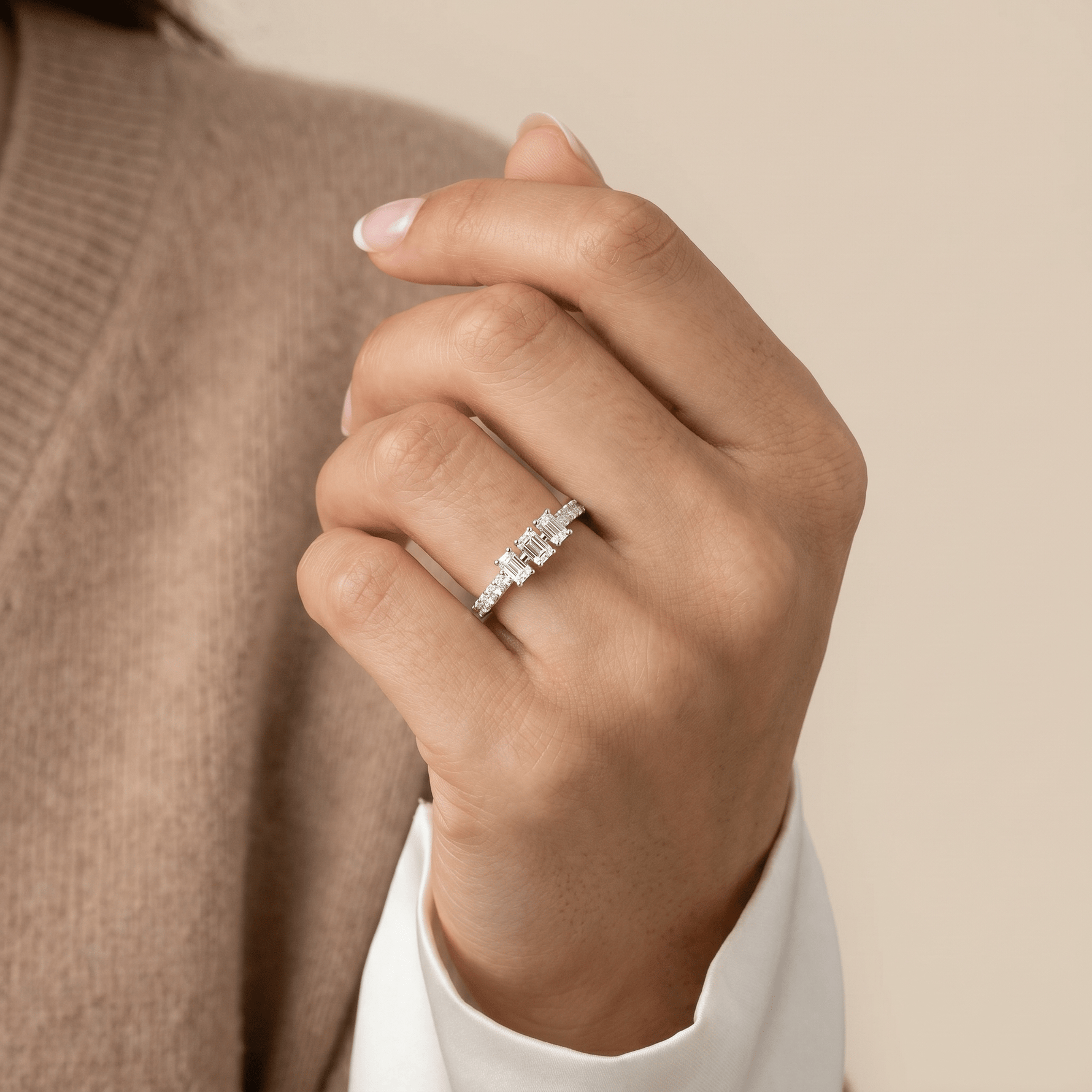 Floating Emerald Lab-Grown Diamond Three-Stone Pavé Ring - Rings