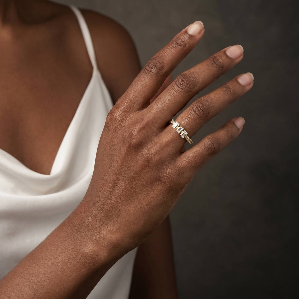 Floating Emerald Lab-Grown Diamond Three-Stone Pavé Ring - Rings