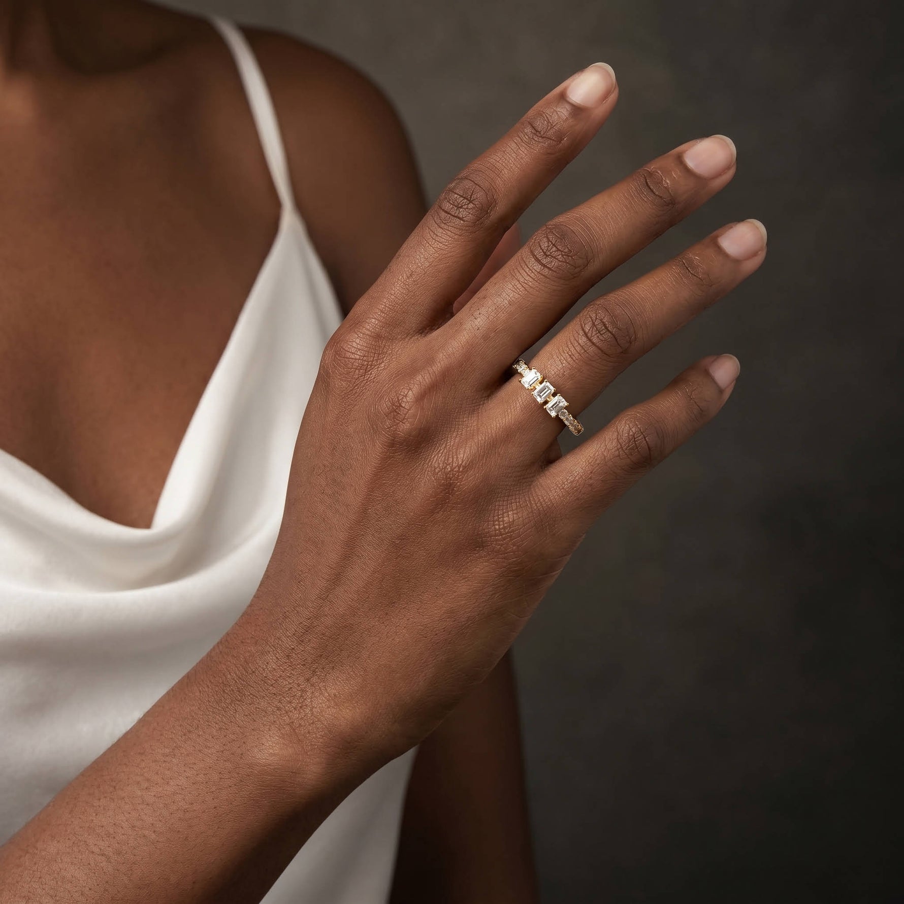Floating Emerald Lab-Grown Diamond Three-Stone Pavé Ring - Rings