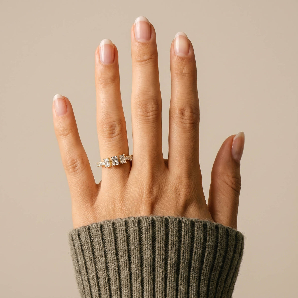 Floating Emerald Lab-Grown Diamond Three-Stone Pavé Ring - Rings