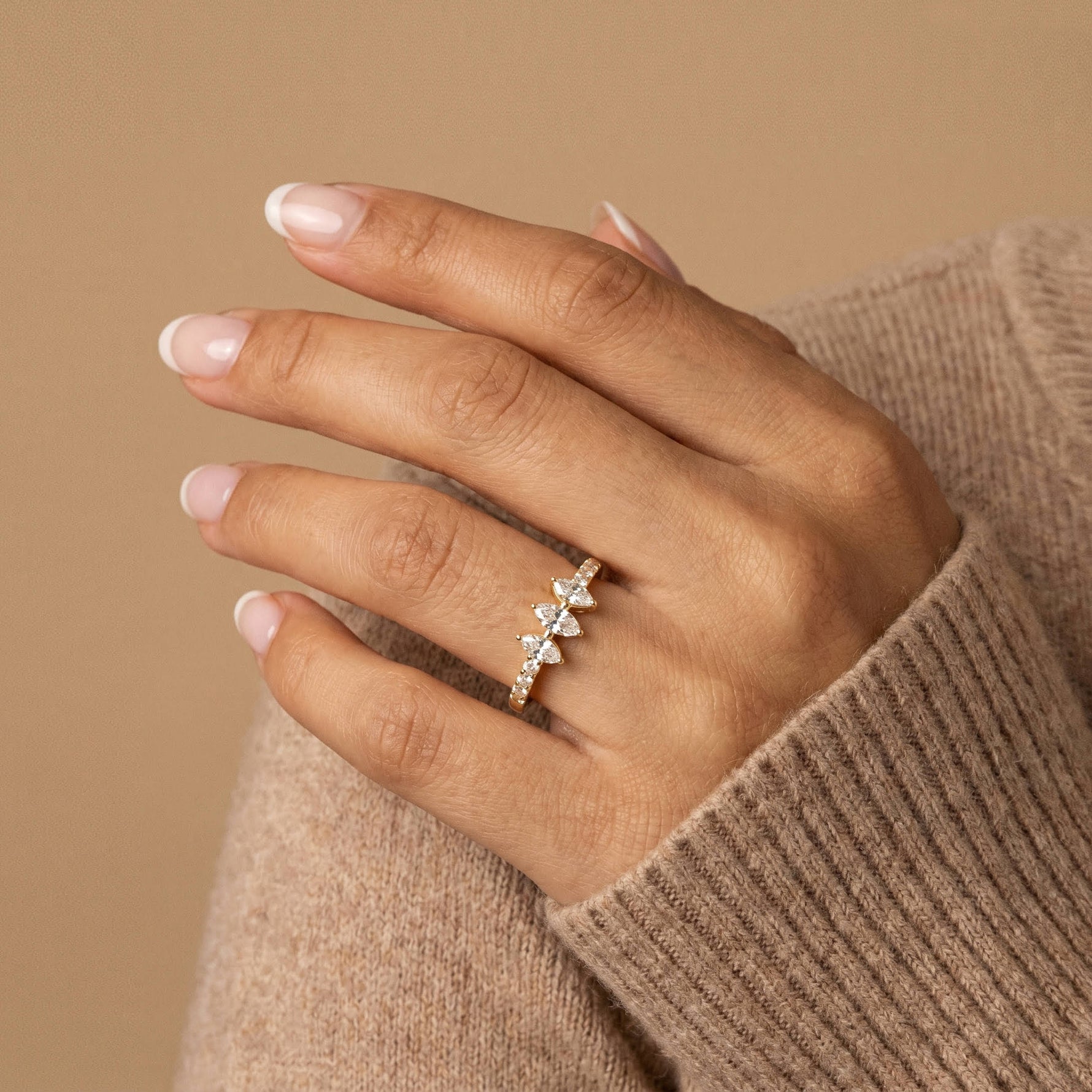 Floating Marquise Lab-Grown Diamond Three-Stone Pavé Ring - Rings