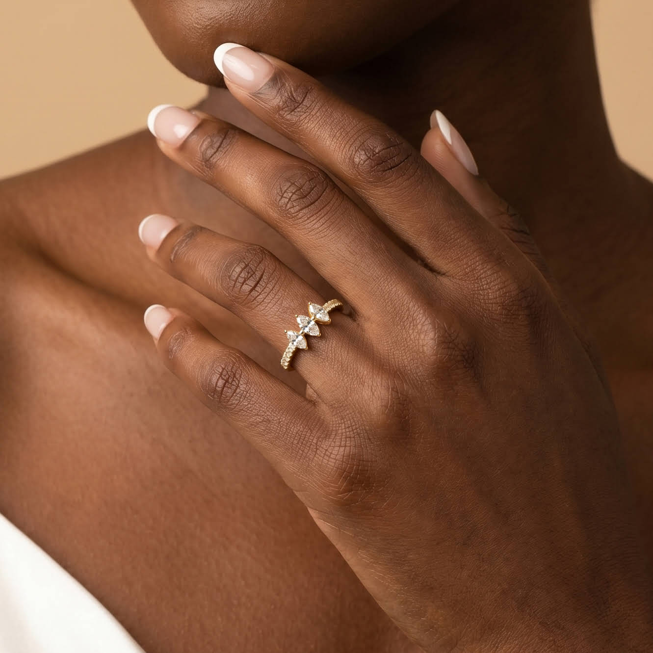 Floating Marquise Lab-Grown Diamond Three-Stone Pavé Ring - Rings