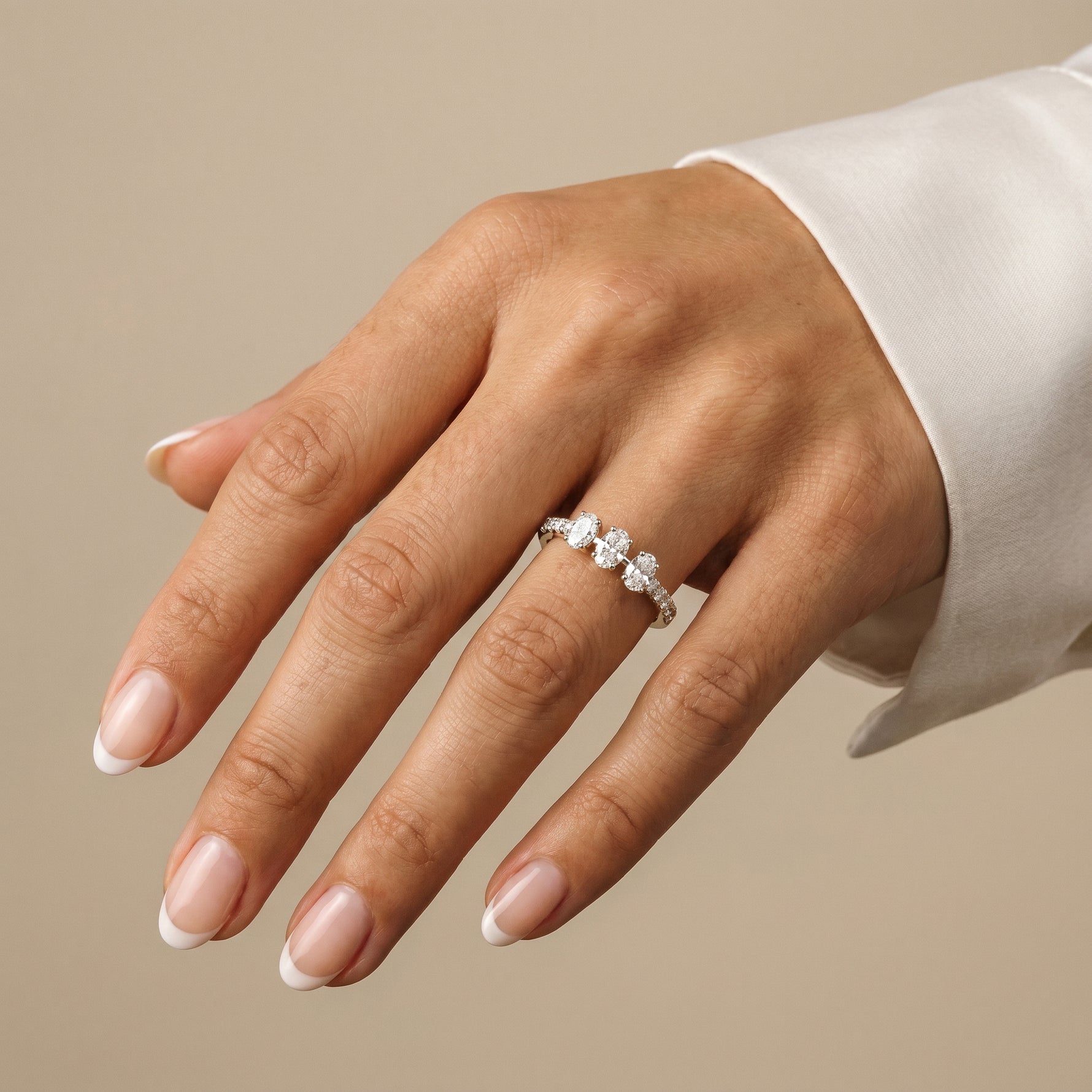 Floating Oval Lab-Grown Diamond Three-Stone Pavé Ring - Rings