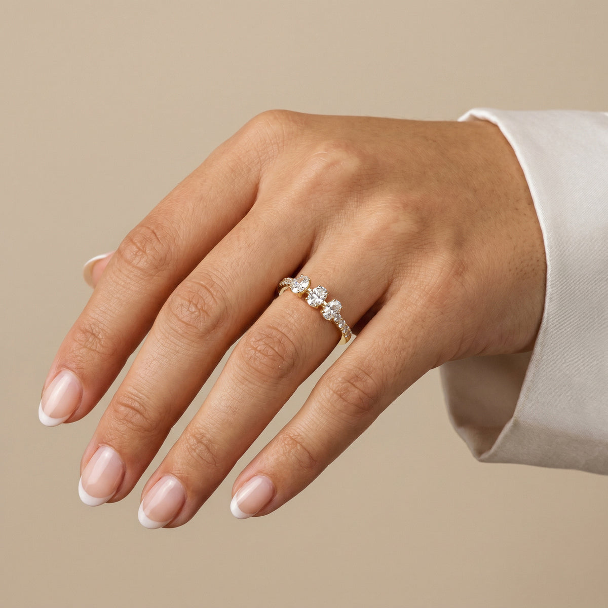 Floating Oval Lab-Grown Diamond Three-Stone Pavé Ring - Rings
