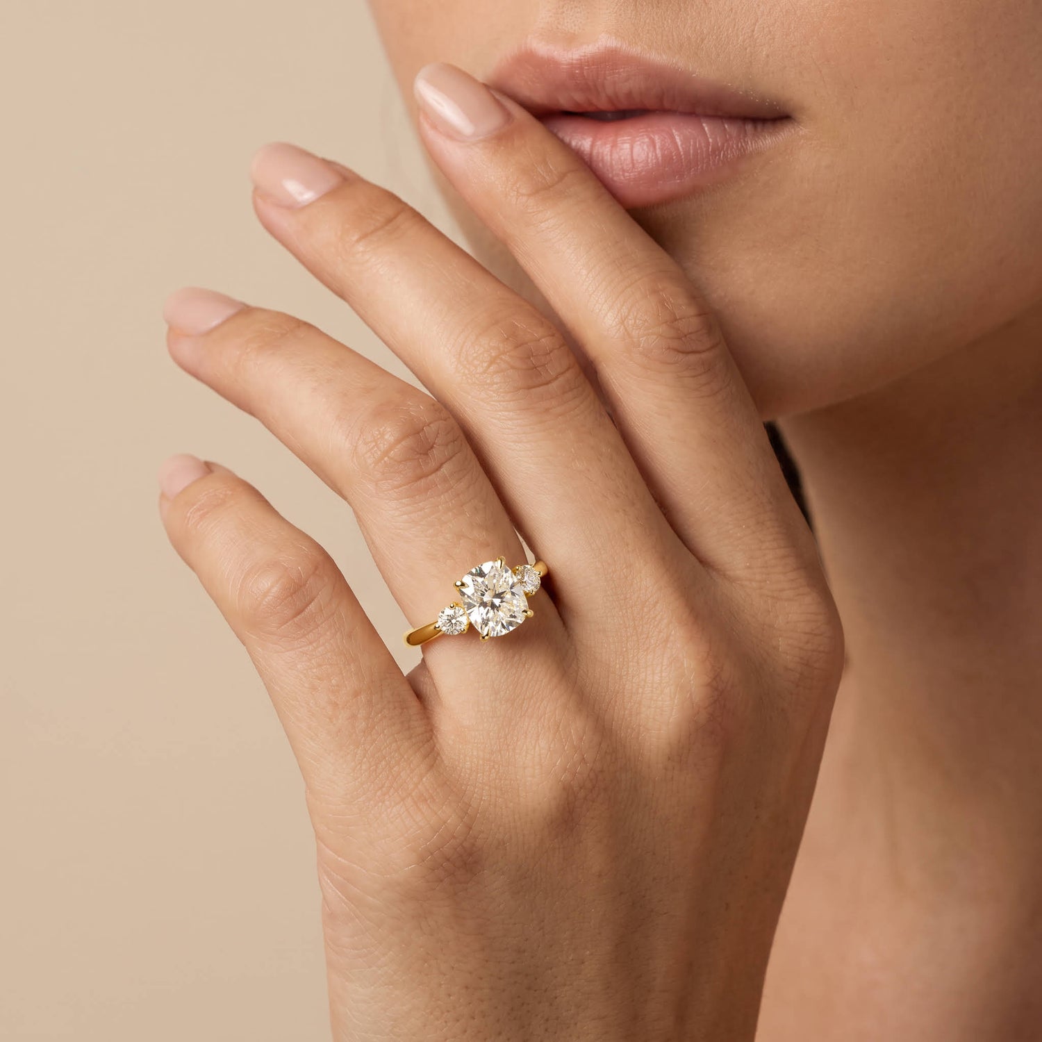 Manon丨Elongated Cushion Lab Diamond Three-Stone Engagement Ring - Rings