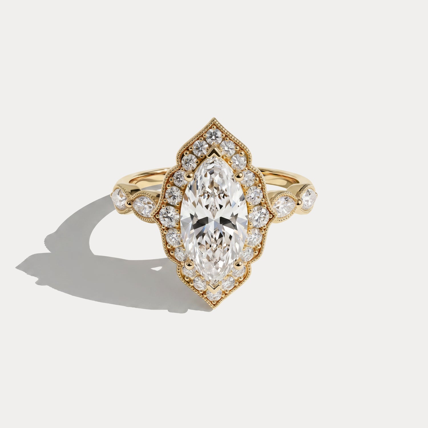 Cressida丨Marquise Lab Diamond Vintage-Inspired Leaf Halo Engagement Ring - Rings