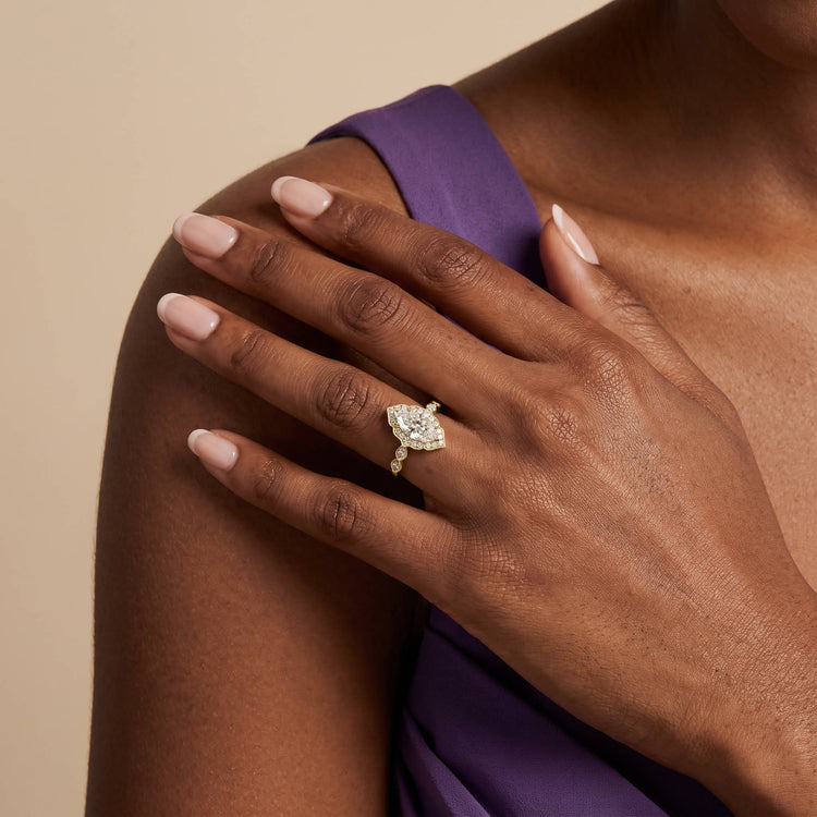 Cressida丨Marquise Lab Diamond Vintage-Inspired Leaf Halo Engagement Ring - Rings
