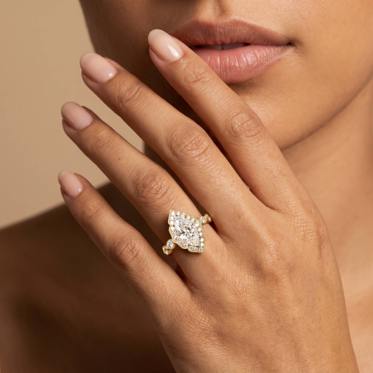 Cressida丨Marquise Lab Diamond Vintage-Inspired Leaf Halo Engagement Ring - Rings