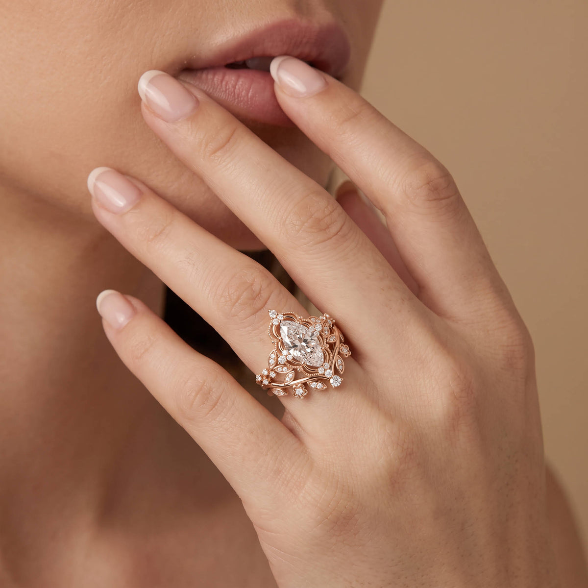 Elaine丨Marquise Cut Lab Diamond Ornate Botanical Engagement Ring Set - Rings