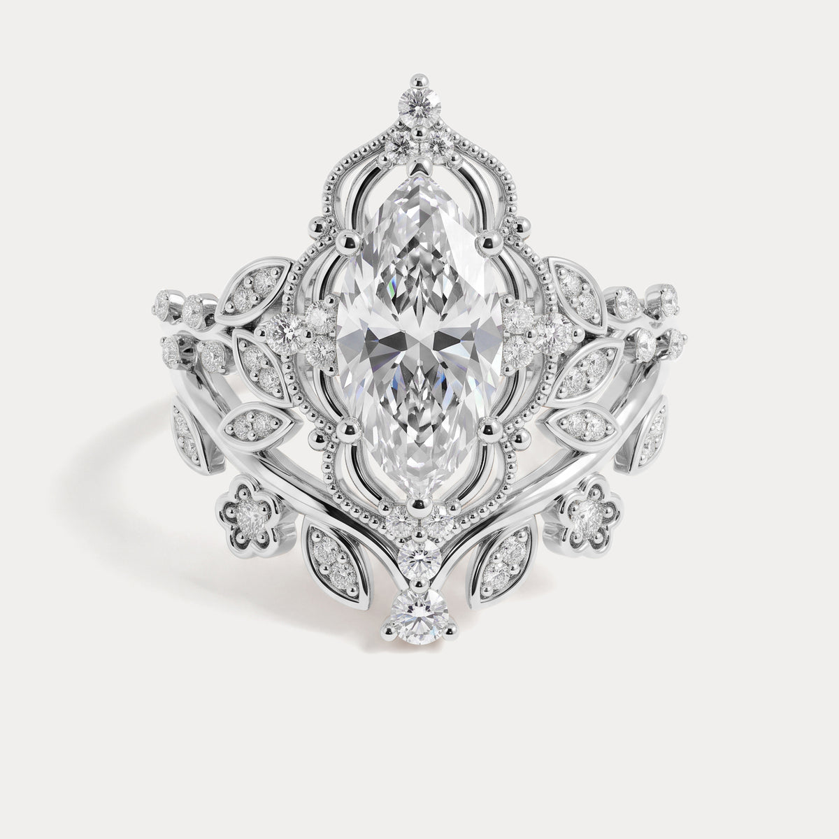 Elaine丨Marquise Cut Lab Diamond Ornate Botanical Engagement Ring Set - Rings