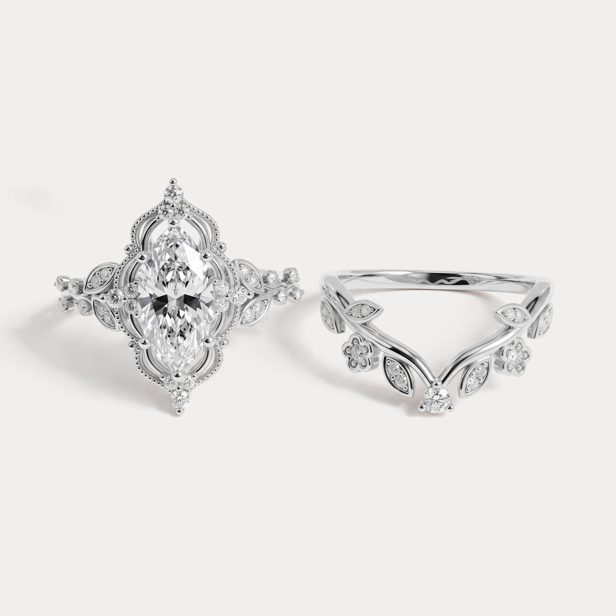Elaine丨Marquise Cut Lab Diamond Ornate Botanical Engagement Ring Set - Rings
