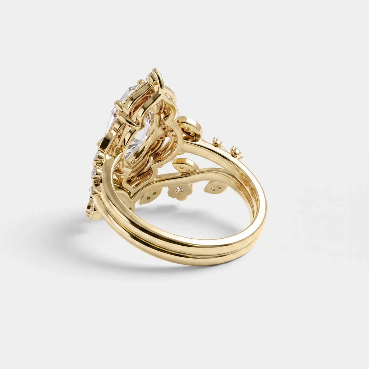 Elaine丨Marquise Cut Lab Diamond Ornate Botanical Engagement Ring Set - Rings