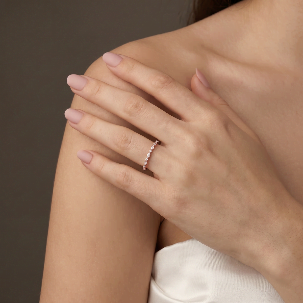 Alternating Marquise & Round Lab Diamond Half Eternity Wedding Band - Rings
