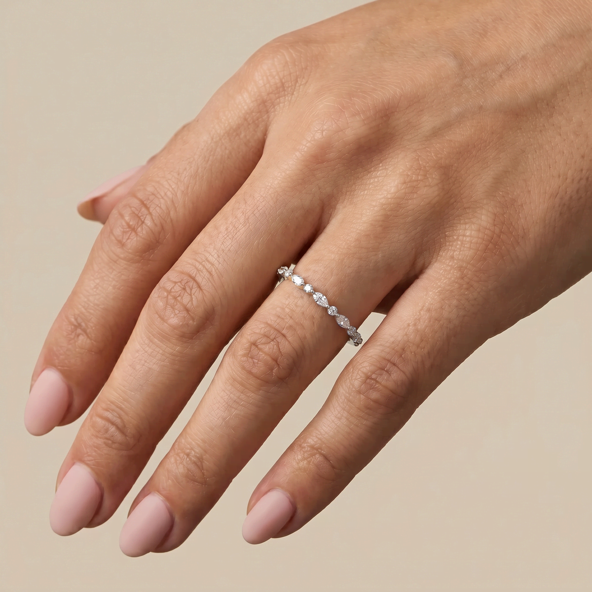 Alternating Marquise & Round Lab Diamond Half Eternity Wedding Band - Rings