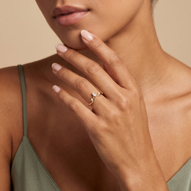 Marquise Crown-Curved Three-Stone Lab Diamond Wedding Ring - Rings