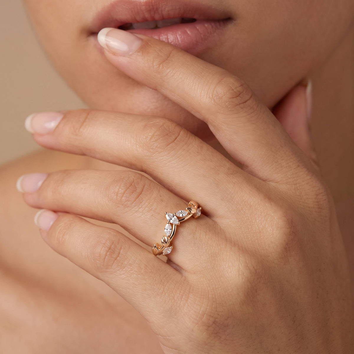 Marquise Leaf Chevron Five-Stone Lab Diamond Wedding Band - Rings