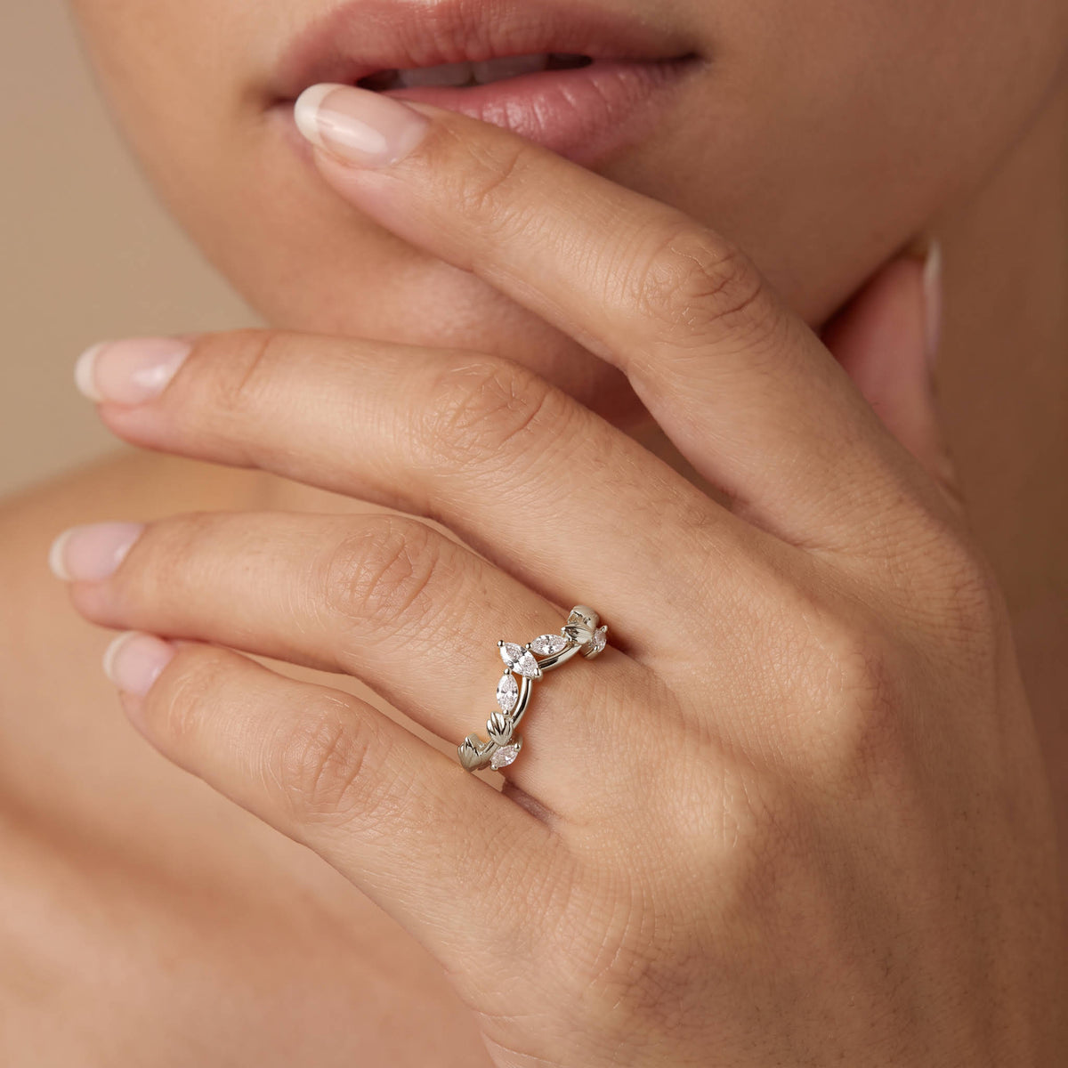 Marquise Leaf Chevron Five-Stone Lab Diamond Wedding Band - Rings