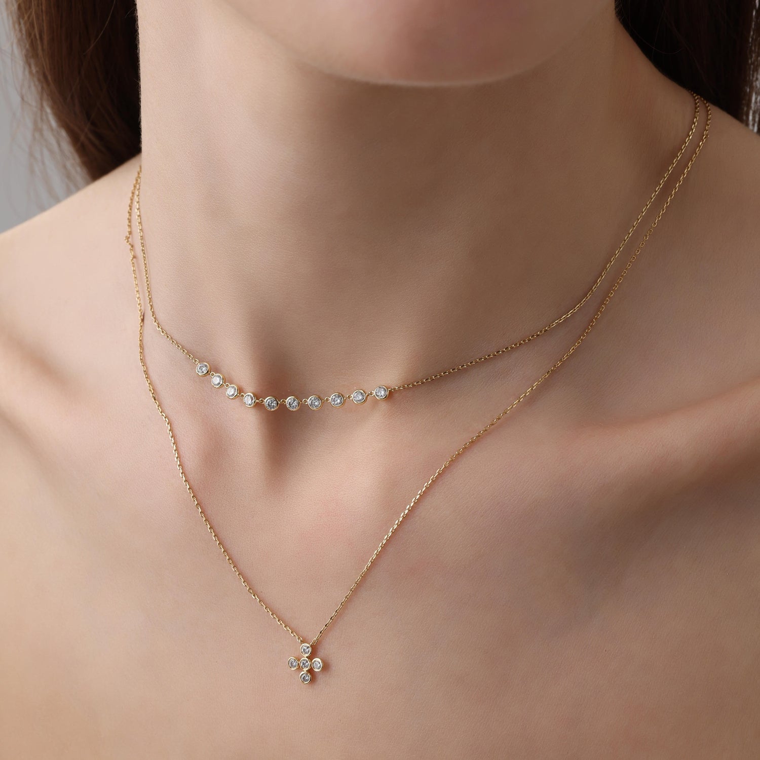 Floating Bezel Multi-Stone Lab-Grown Diamond Arc Necklace in 14K Gold/Platinum