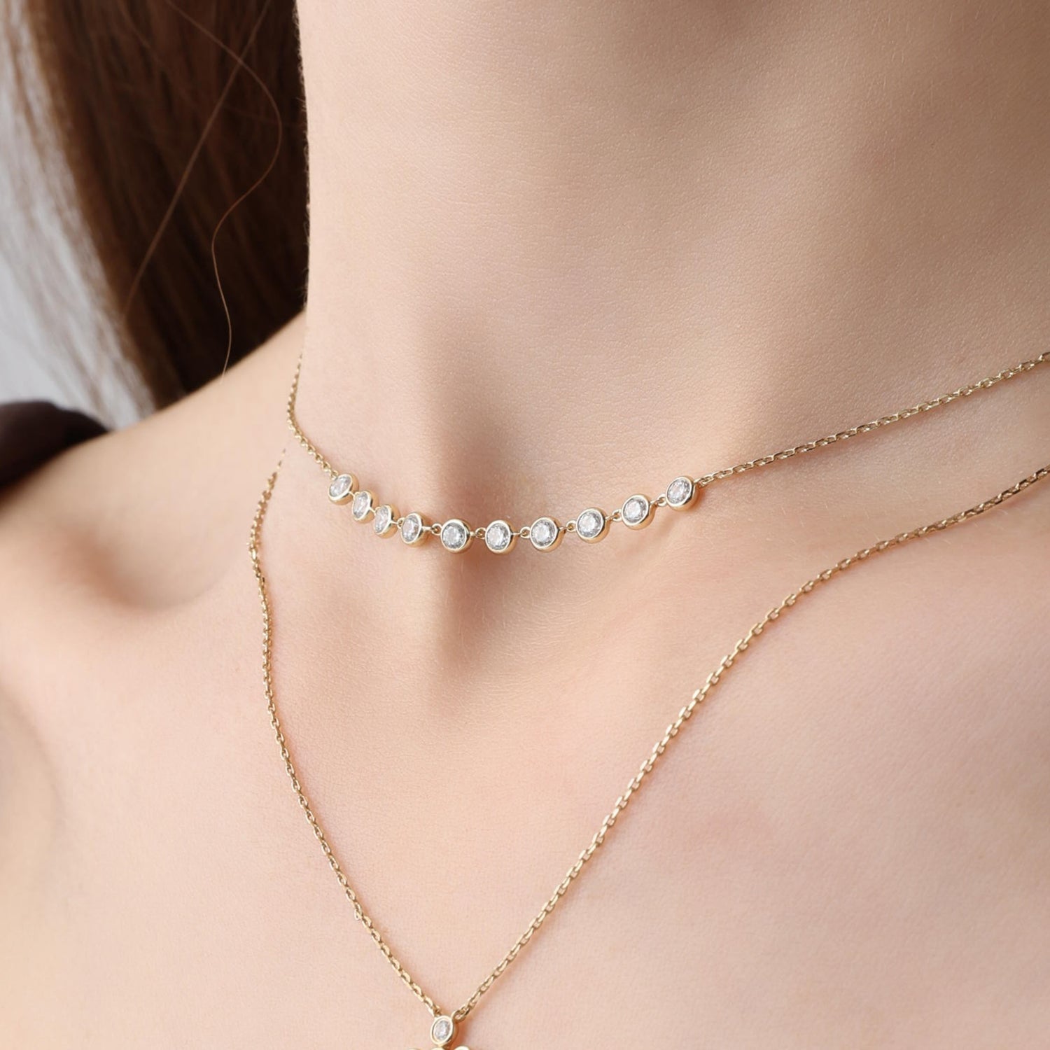 Floating Bezel Multi-Stone Lab-Grown Diamond Arc Necklace in 14K Gold/Platinum