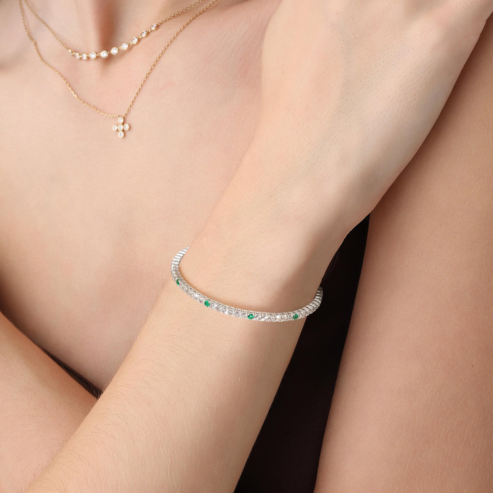 5CTW Lab Created Diamond&Emerald Flexible Bangle Bracelet in Sterling Silver - Bracelets