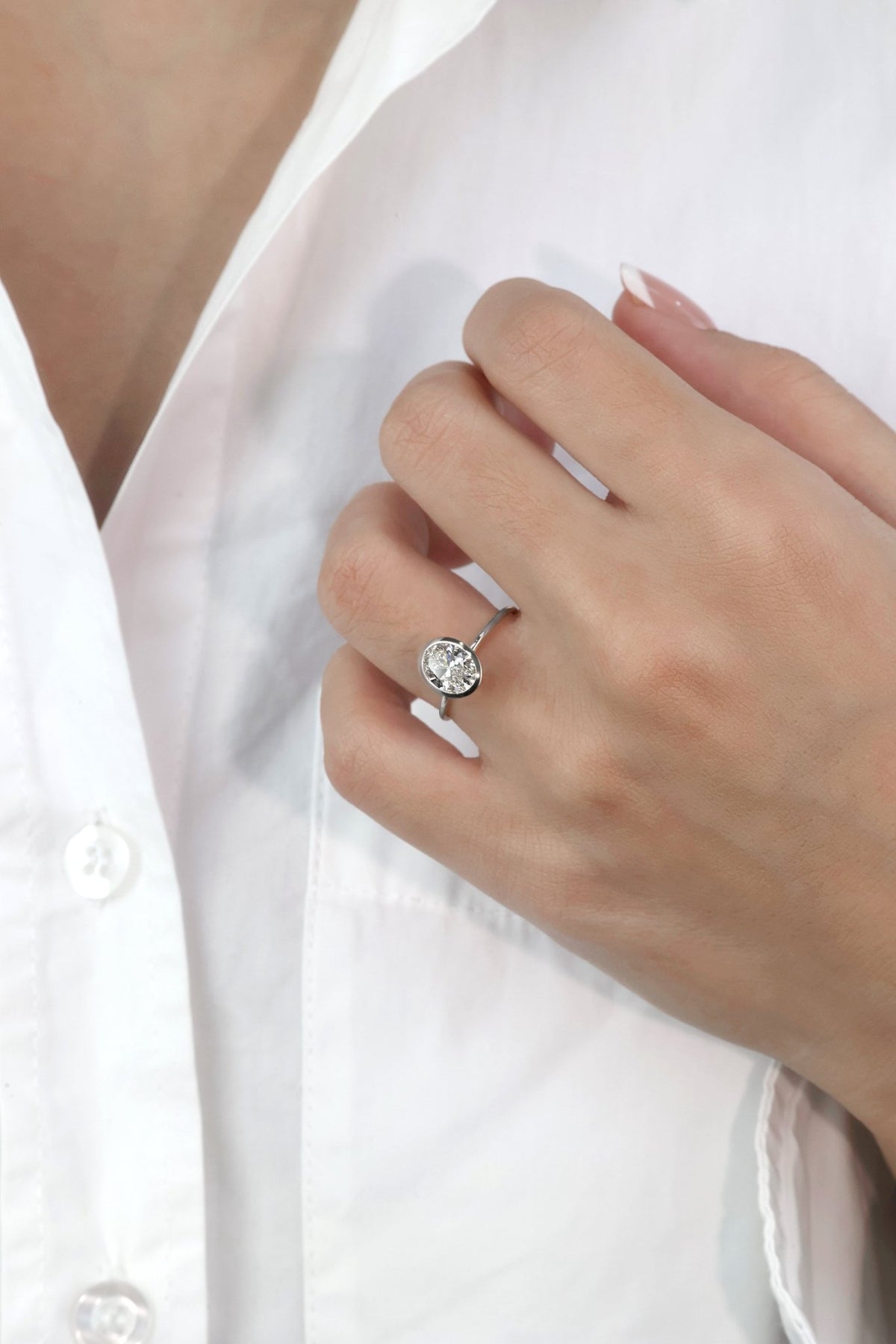 1CT Oval Cut Lab - Grown Diamond Bezel Engagement Ring in 14K Gold/Platinum - Rings