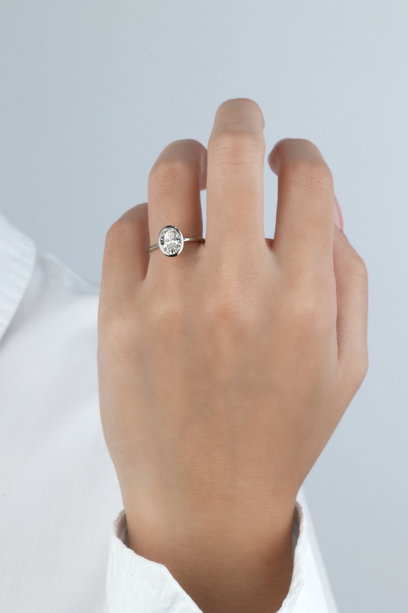 1CT Oval Cut Lab - Grown Diamond Bezel Engagement Ring in 14K Gold/Platinum - Rings