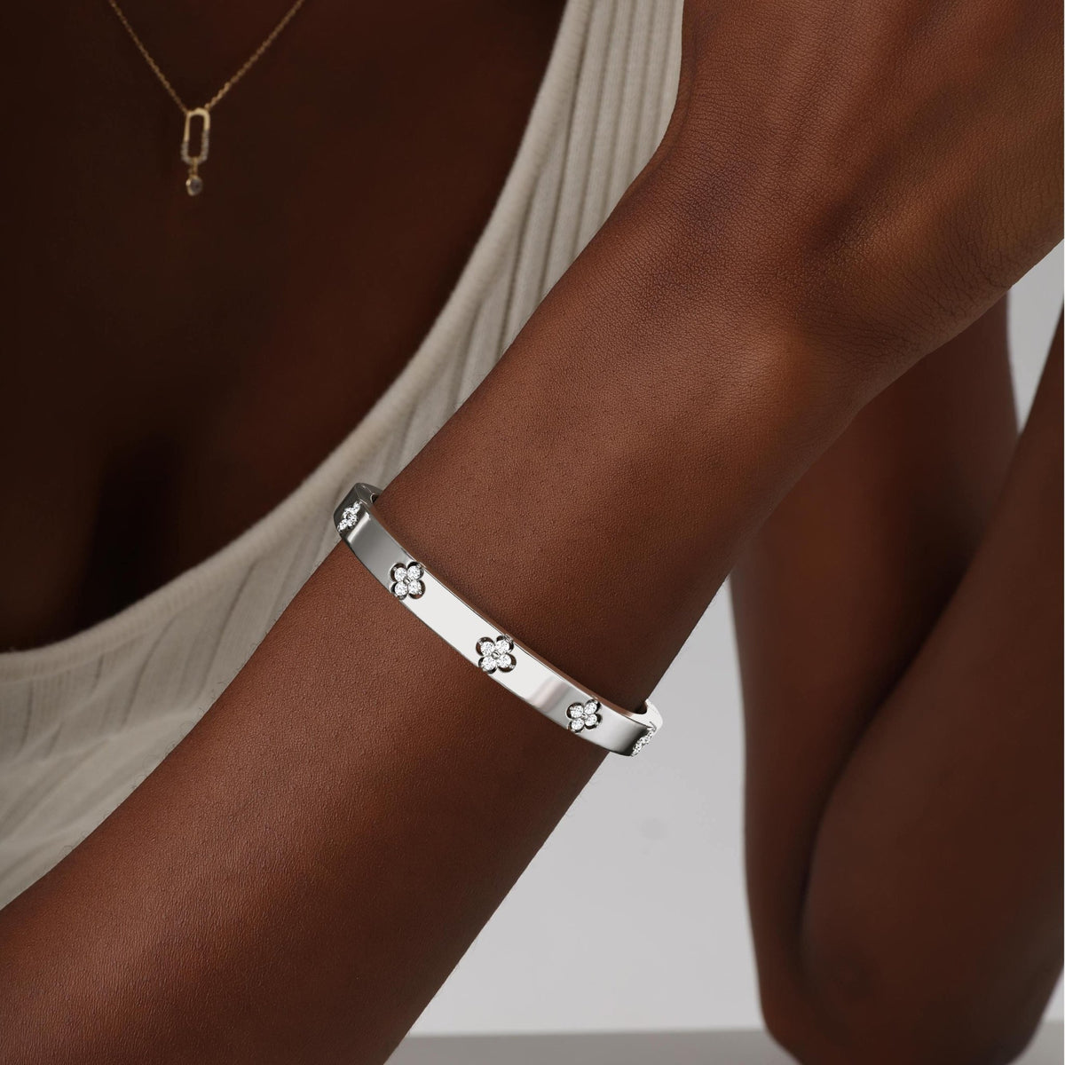 Charm & Dazzle Clover Hinged Lab Made Diamond Bangle Bracelet - Bracelets