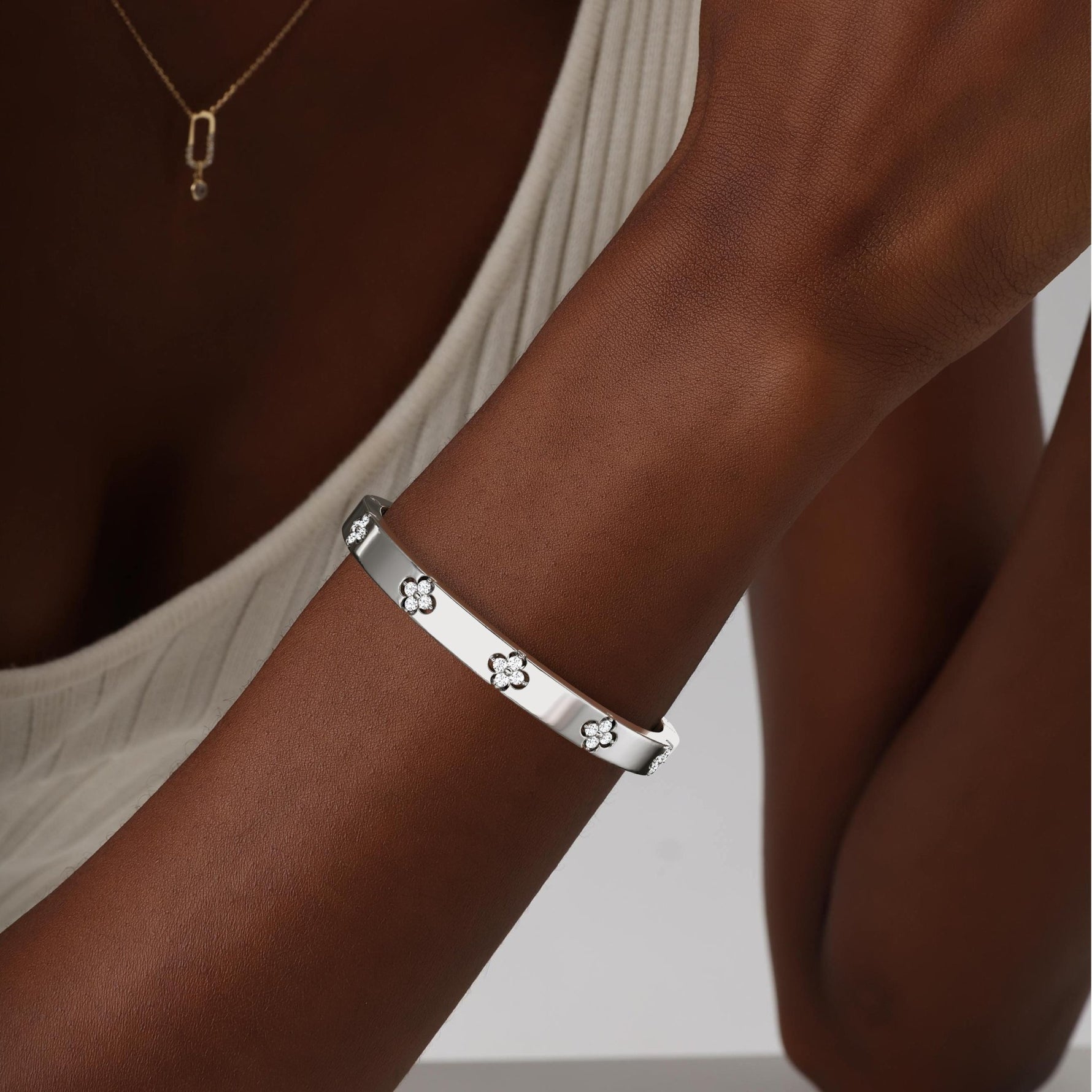 Charm & Dazzle Clover Hinged Lab Made Diamond Bangle Bracelet - Bracelets