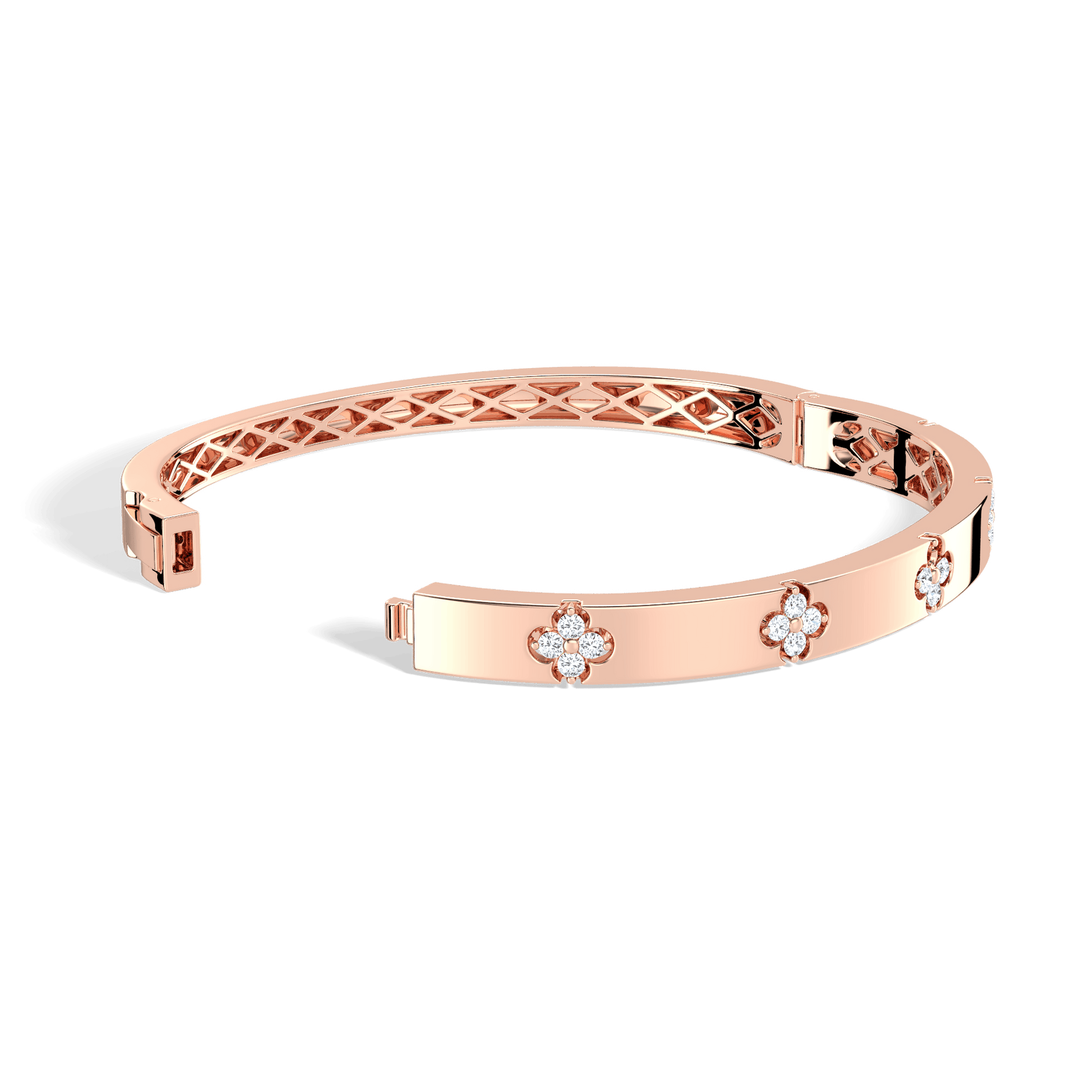 Charm & Dazzle Clover Hinged Lab Made Diamond Bangle Bracelet in 14K Solid Gold - Bracelets