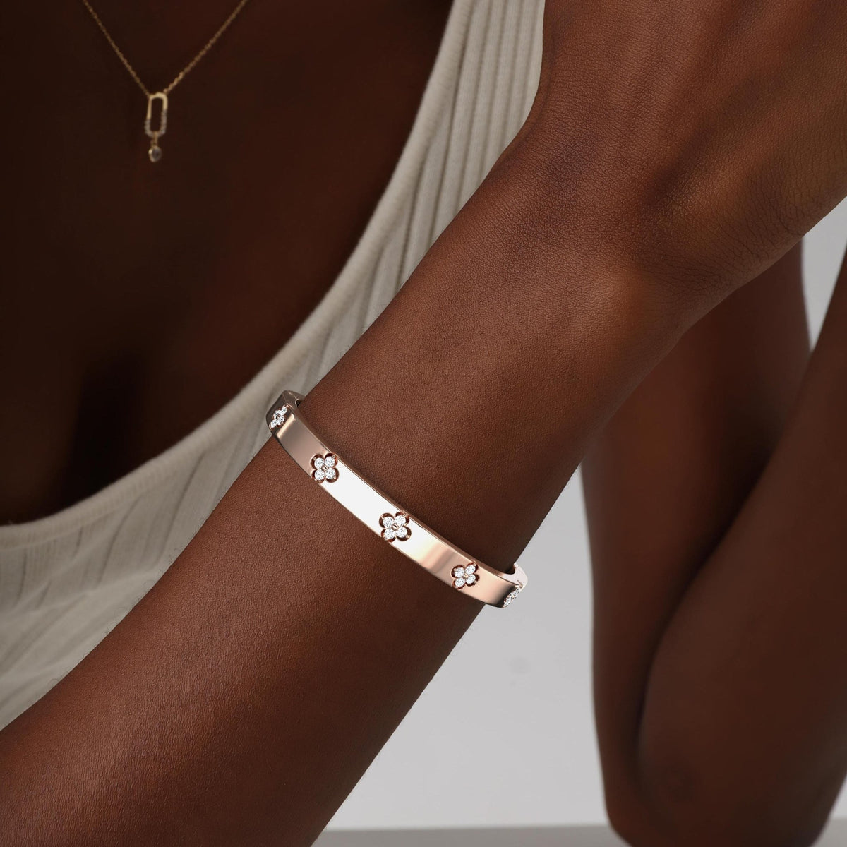 Charm & Dazzle Clover Hinged Lab Made Diamond Bangle Bracelet in 14K Solid Gold - Bracelets