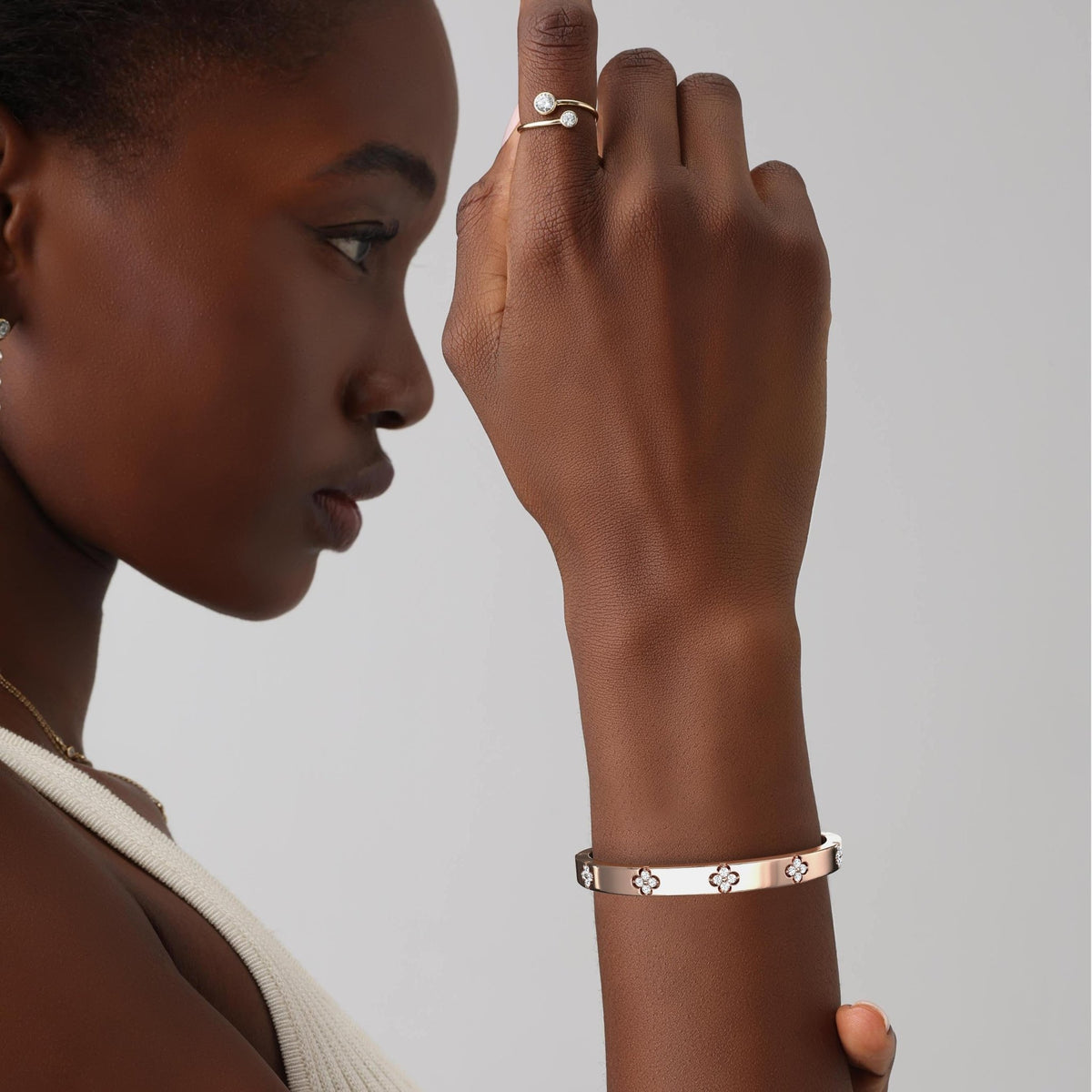 Charm & Dazzle Clover Hinged Lab Made Diamond Bangle Bracelet in 14K Solid Gold - Bracelets