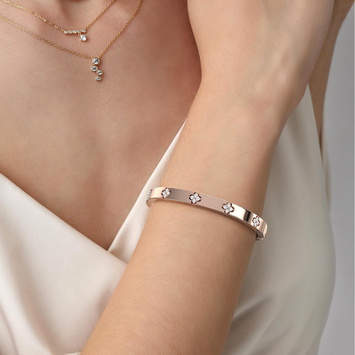 Charm & Dazzle Clover Hinged Lab Made Diamond Bangle Bracelet in 14K Solid Gold - Bracelets