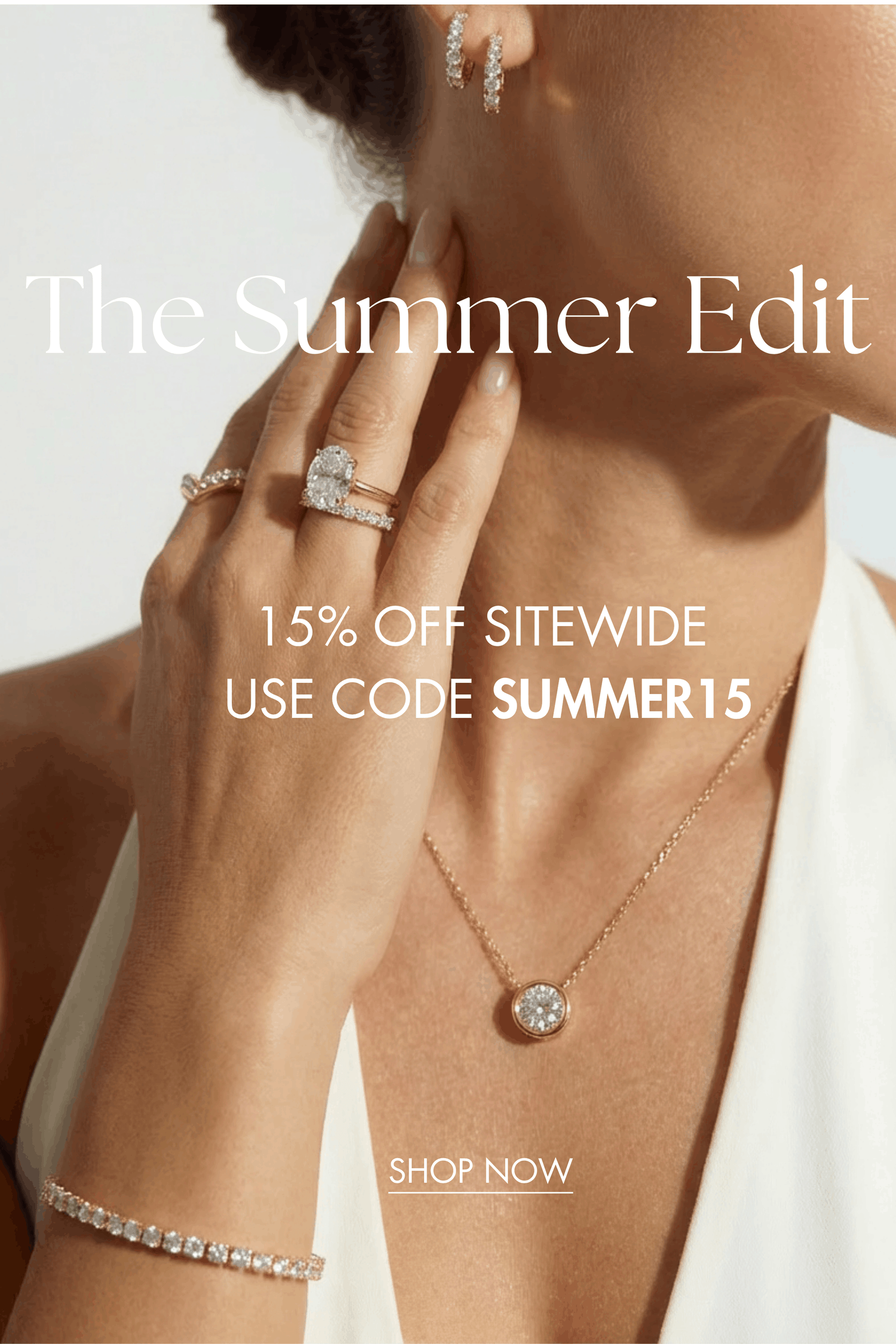 Woman wearing lab grown diamond jewelry including a tennis bracelet pendant necklace and engagement ring during Leonids Summer Sale with 15% off sitewide using code SUMMER15
