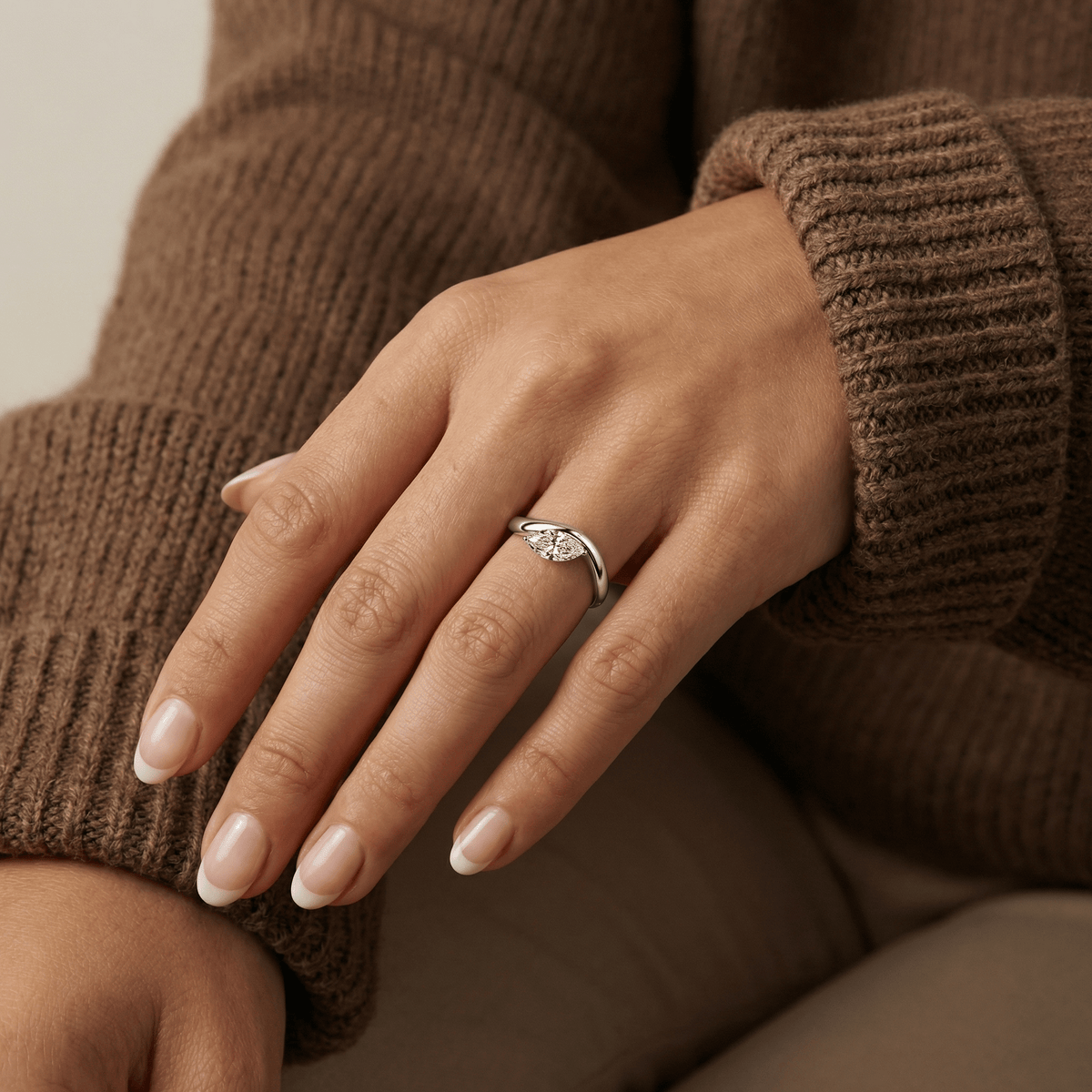 1 CT Marquise - Shaped Lab Grown Diamond Curved Ring in Sterling Silver - Rings