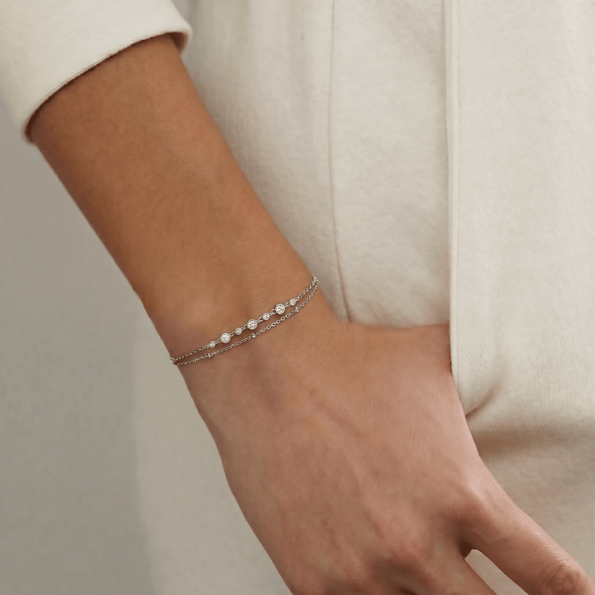 Bezel Set Lab - Grown Diamond Bracelet with Double Chain in Sterling Silver - Bracelets
