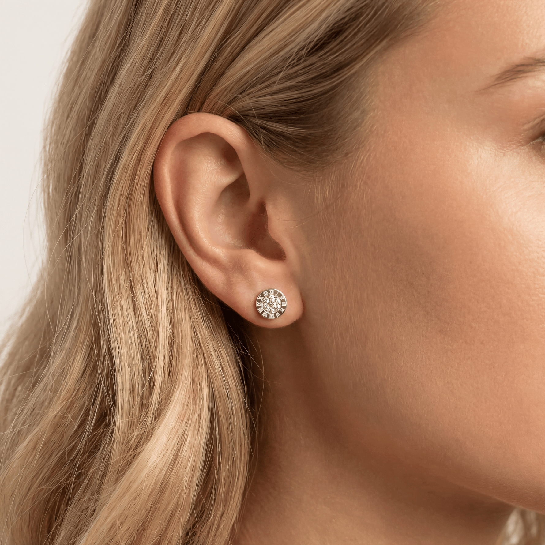 Roman Numeral Disc Stud Earrings with Pavé Lab - Grown Diamond in Sterling Silver - Earrings
