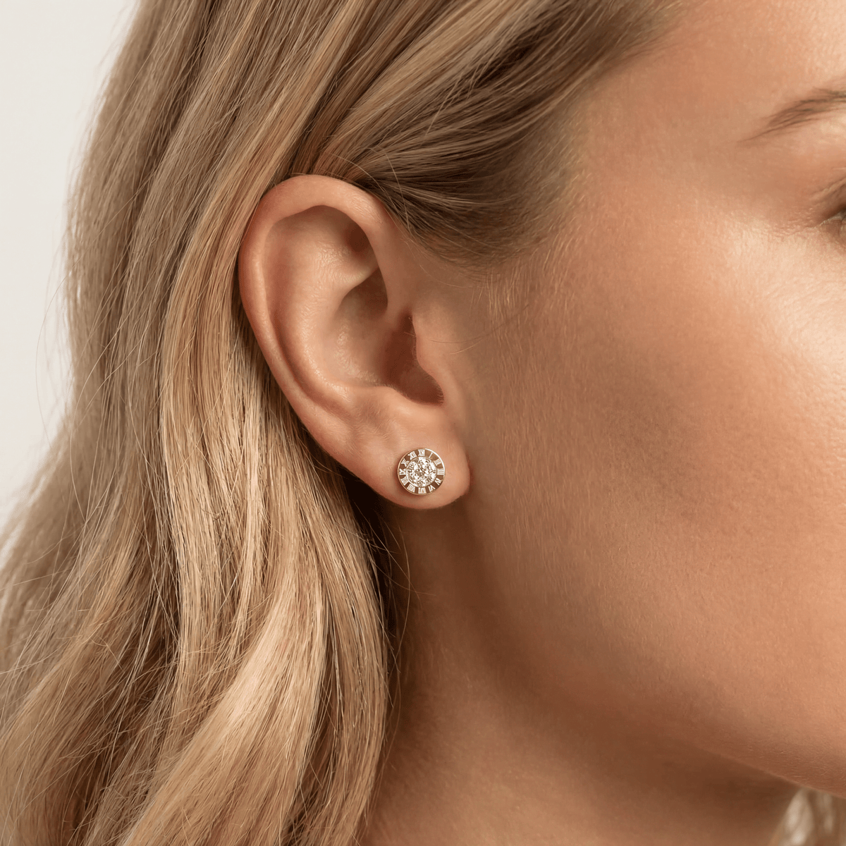 Roman Numeral Disc Stud Earrings with Pavé Lab - Grown Diamond in Sterling Silver - Earrings